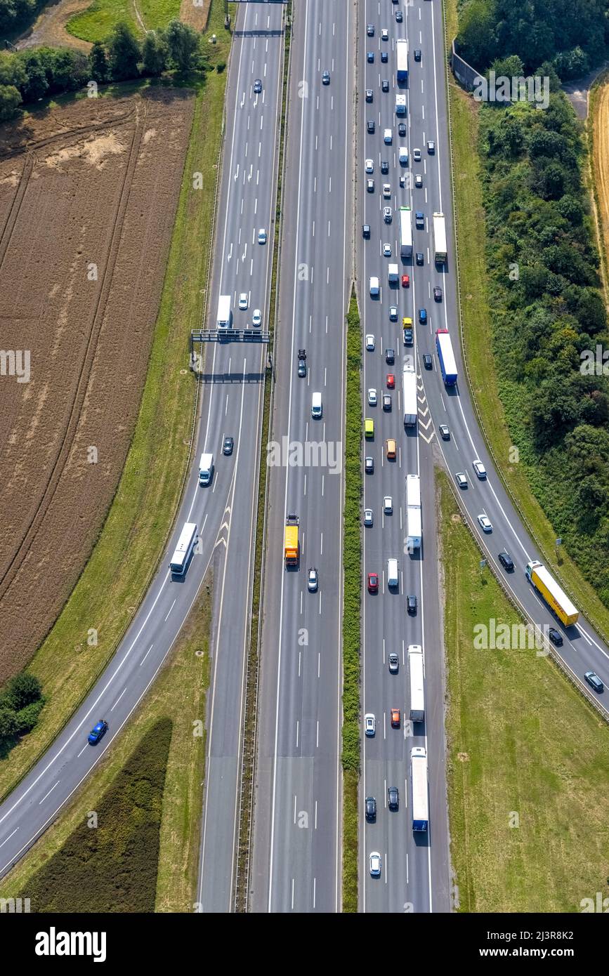 Aerial view, Kamener interchange with A1 motorway and A2 motorway, Kamen, Ruhr area, North Rhine-Westphalia, Germany, Luftbild, Kamener Kreuz mit Auto Stock Photo
