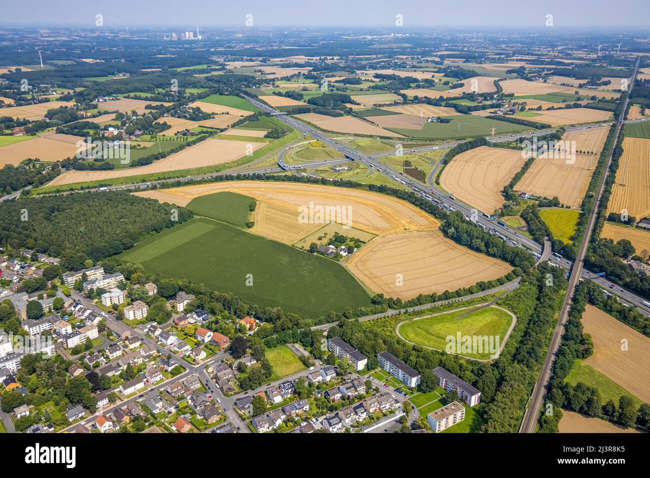 Aerial view, Kamener junction with A1 motorway and A2 motorway, Kamen, Ruhr area, North Rhine-Westphalia, Germany, Luftbild, Kamener Kreuz mit Autobah Stock Photo