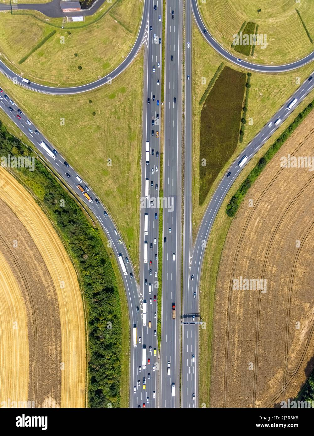 Aerial view, Kamener interchange with A1 motorway and A2 motorway, Kamen, Ruhr area, North Rhine-Westphalia, Germany, Luftbild, Kamener Kreuz mit Auto Stock Photo