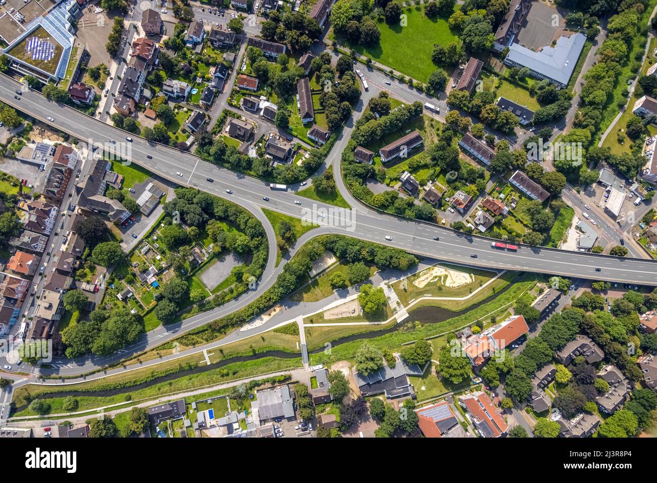 Aerial view, city centre with Sesekepark between Maibrücke and Hochstraße with river Seseke, Kamen, Ruhr area, North Rhine-Westphalia, Germany, Luftbi Stock Photo