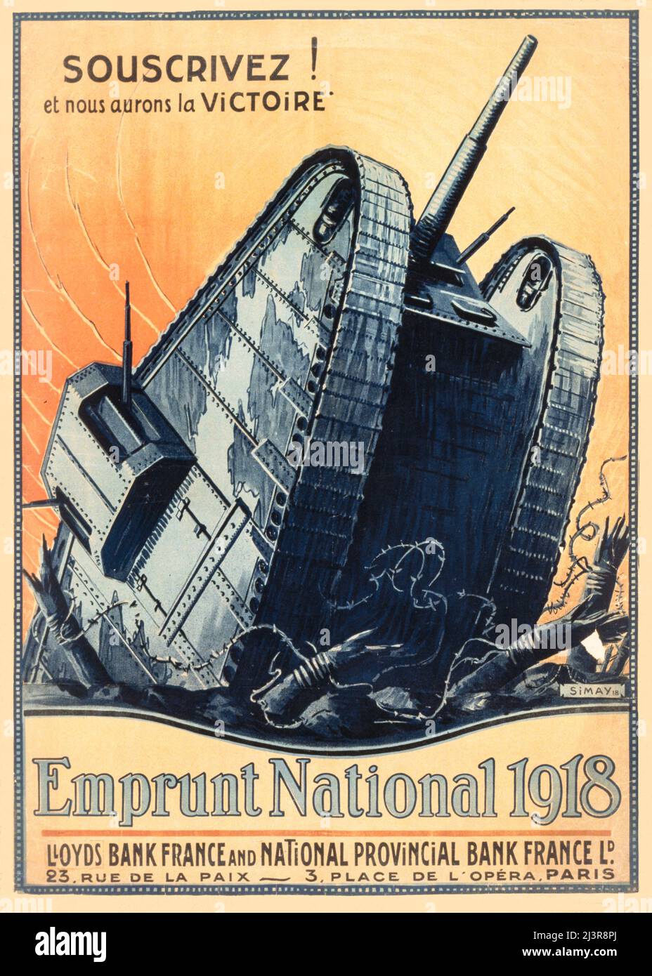 An early 20th century French advertising poster from World War One, 1914-1918,  showing a large tank emerging out of a trench onto a battlefield. Created by the Hungarian artist Imre Károly Simay (1874-1955) Stock Photo
