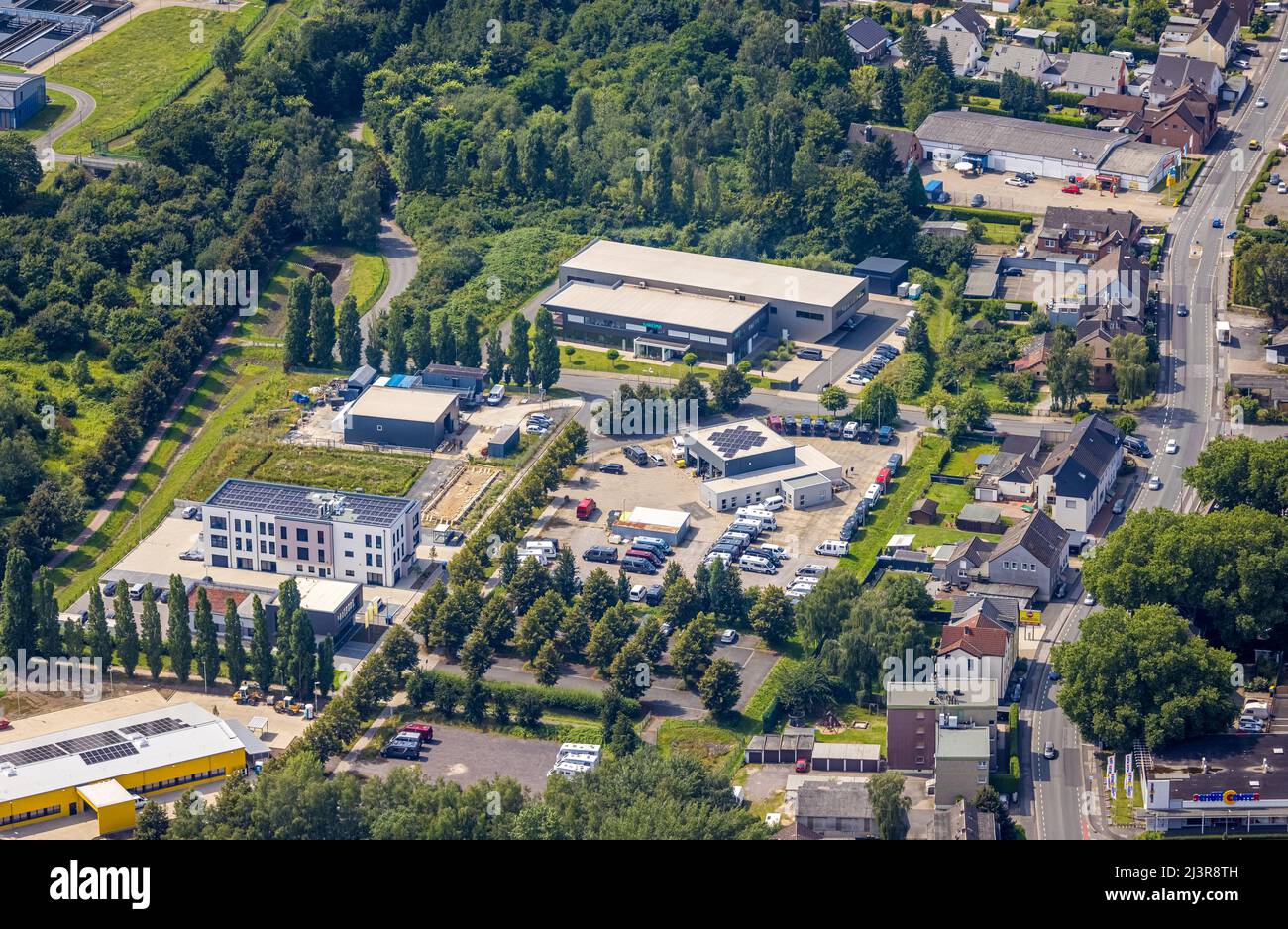 Aerial view, Herbert-Wehner-Straße industrial estate in Kamen, Ruhr region, North Rhine-Westphalia, Germany, Luftbild, Gewerbegebiet Herbert-Wehner-St Stock Photo