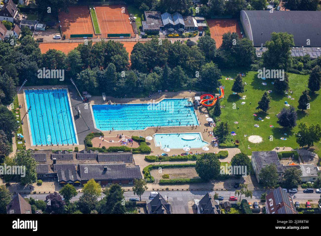 Aerial view, GSW Freibad Kamen-Mitte, Kamen, Ruhr area, North Rhine-Westphalia, Germany, Luftbild, GSW Freibad Kamen-Mitte, Kamen, Ruhrgebiet, Nordrhe Stock Photo