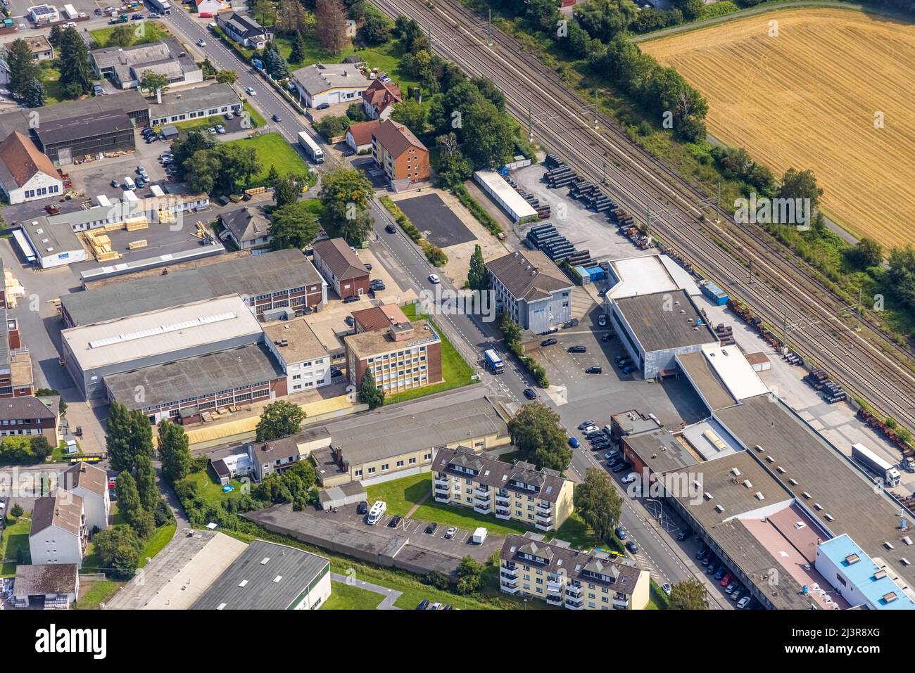 Aerial photograph, Hemsack industrial estate with Gülde GmbH and Paul Vahle GmbH on Westicker Straße in Südkamen, Kamen, Ruhr area, North Rhine-Westph Stock Photo