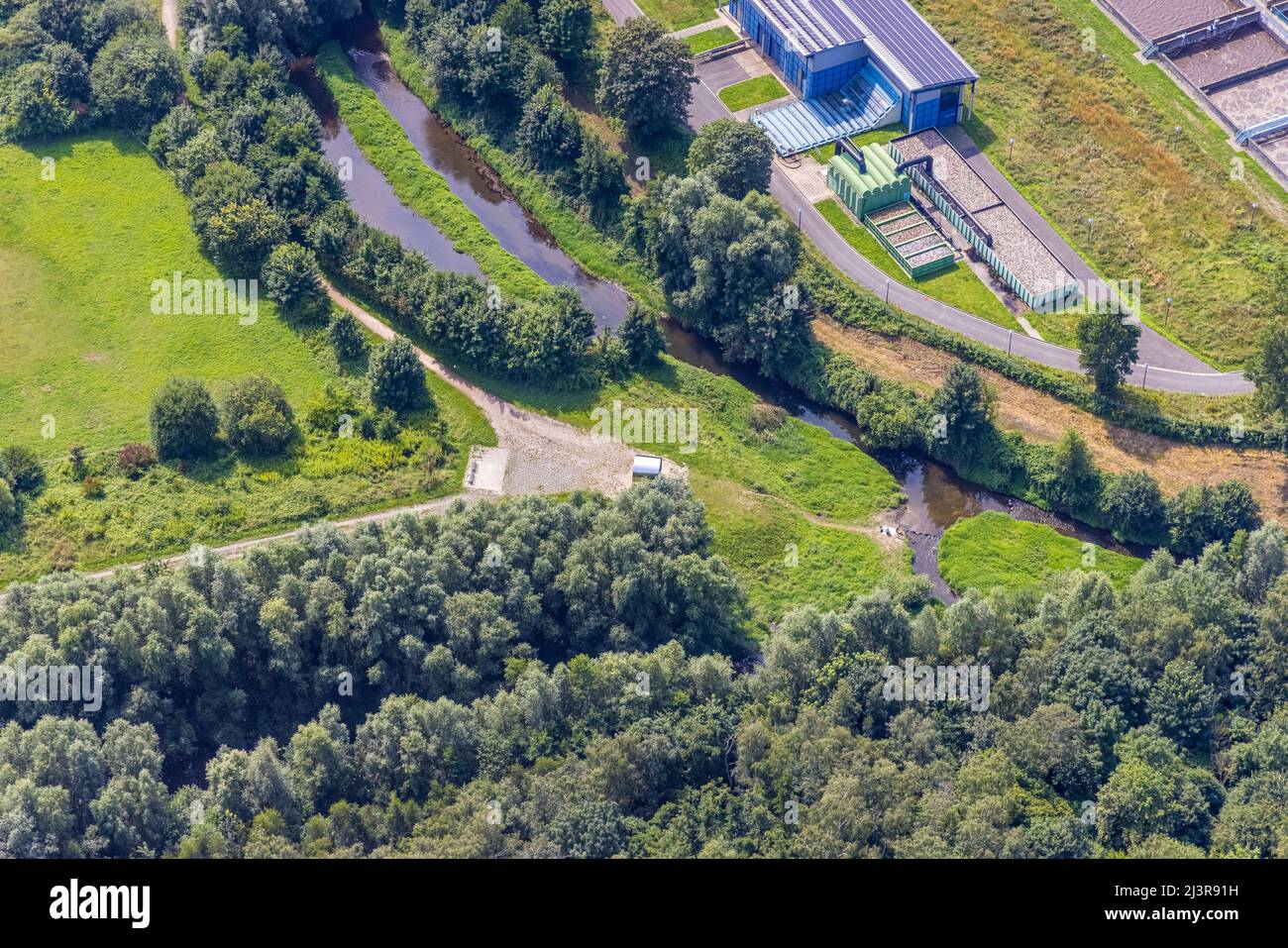 Aerial view, sight pixel tube at the river Seseke in Kamen, Ruhr area, North Rhine-Westphalia, Germany, DE, Europe, Kamen, art, aerial view, aerial ph Stock Photo