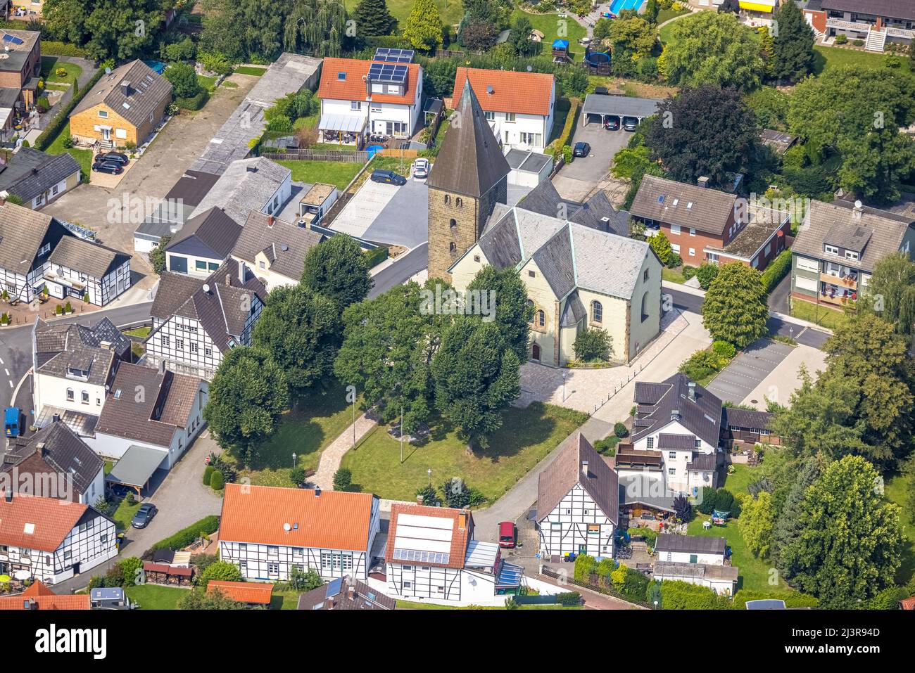 Aerial photograph, Evangelical Lutheran Church of St. Margaret in the district of Methler, Kamen, Ruhr area, North Rhine-Westphalia, Germany, place of Stock Photo