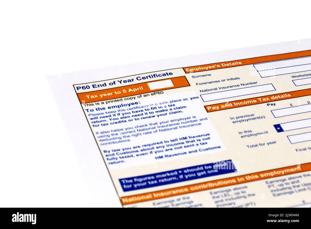 P60 End Of Year Certificate Issued By HMRC In The United Kingdom Blank 
