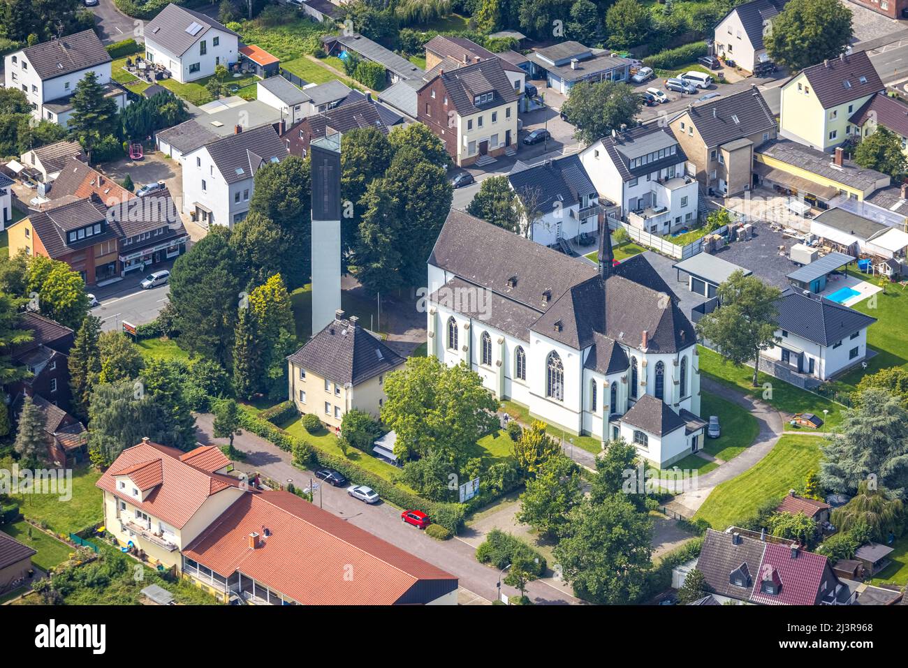 Aerial view, catholic church St. Marien Kamen-Kaiserau in the district Kaiserau, Kamen, Ruhr area, North Rhine-Westphalia, Germany, place of worship, Stock Photo