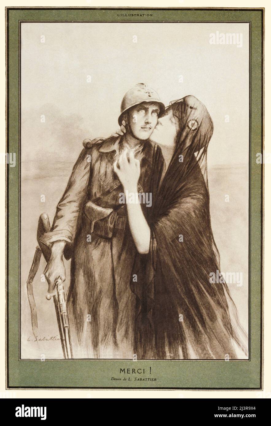 An early 20th century French advertising poster from World War One, 1914-1918,  showing a female allegory of France, wearing a Phrygian cap and kissing a poilu (French World War I infantryman) on the cheek. The artist is Louis Rémy Sabattier (1863–1935) Stock Photo