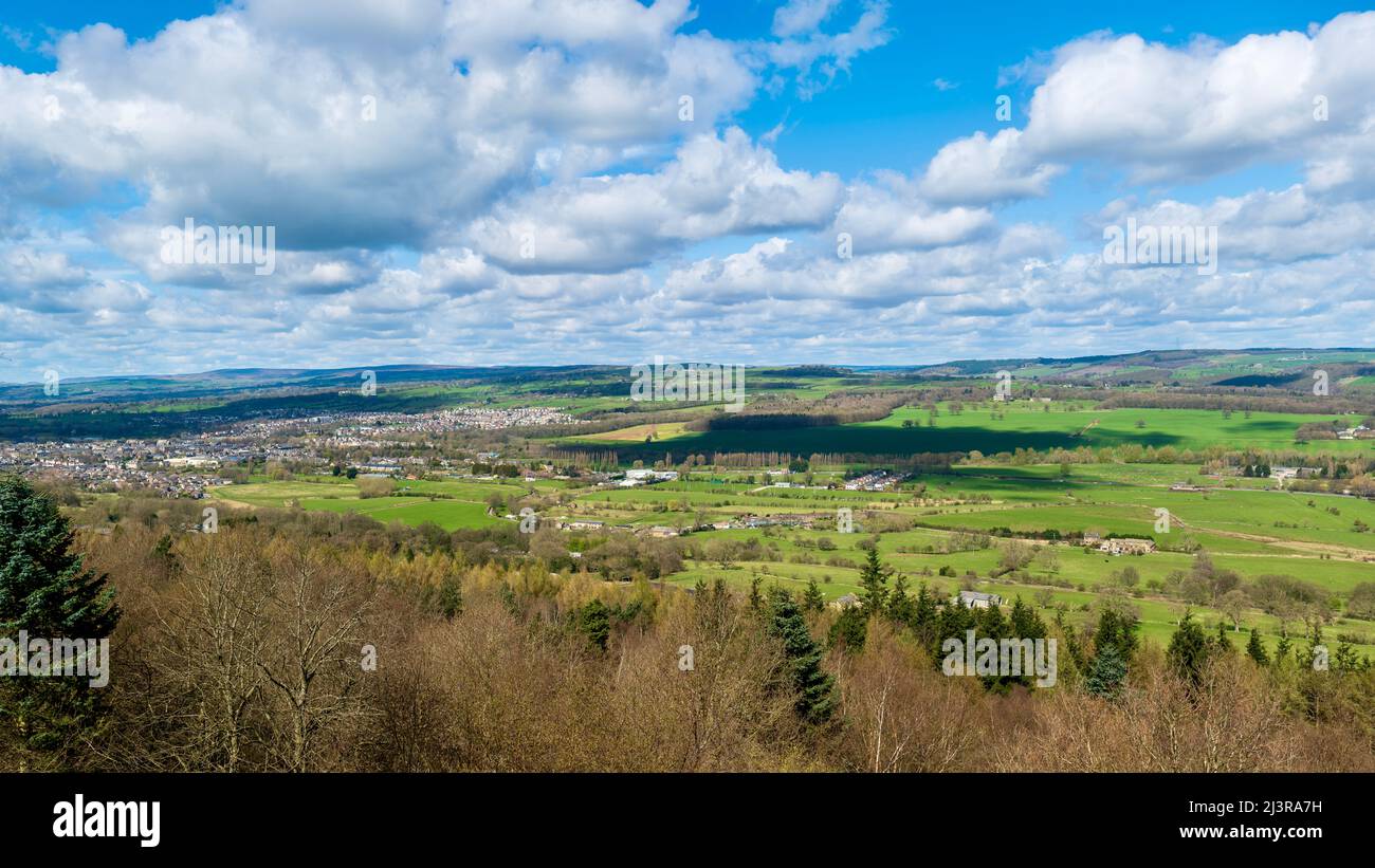Market town of Otley, West Yorkshire, and the surrounding countryside of Wharfedale viewed from Otley Chevin. Clouds gather over the Wharfe Valley. Stock Photo