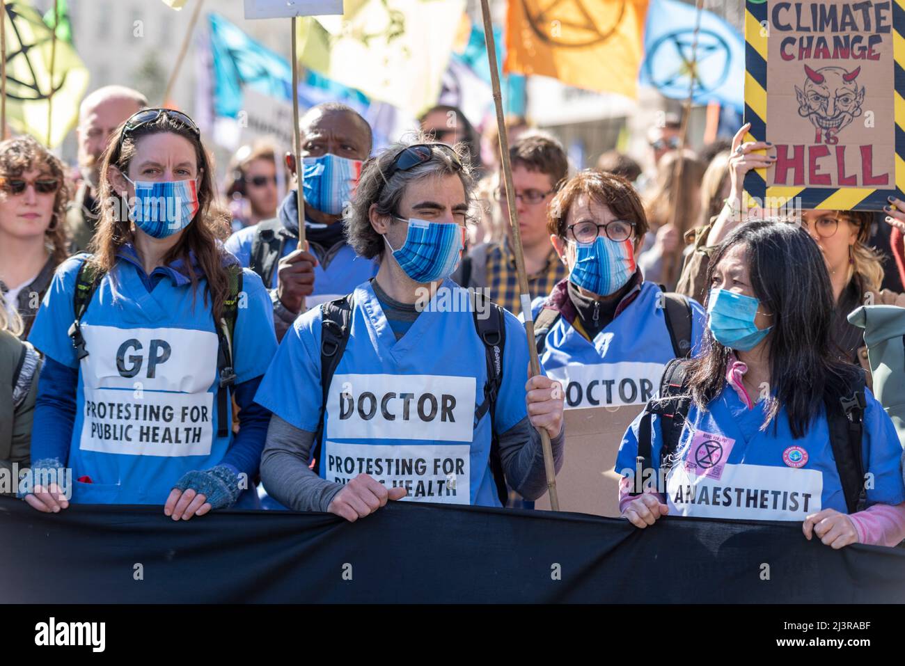 Westminster, London, UK. 9th Apr, 2022. Extinction Rebellion protesters have been blocking roads and disrupting traffic around central London, including Oxford Street, Regent Street and around Westminster. Health workers Stock Photo