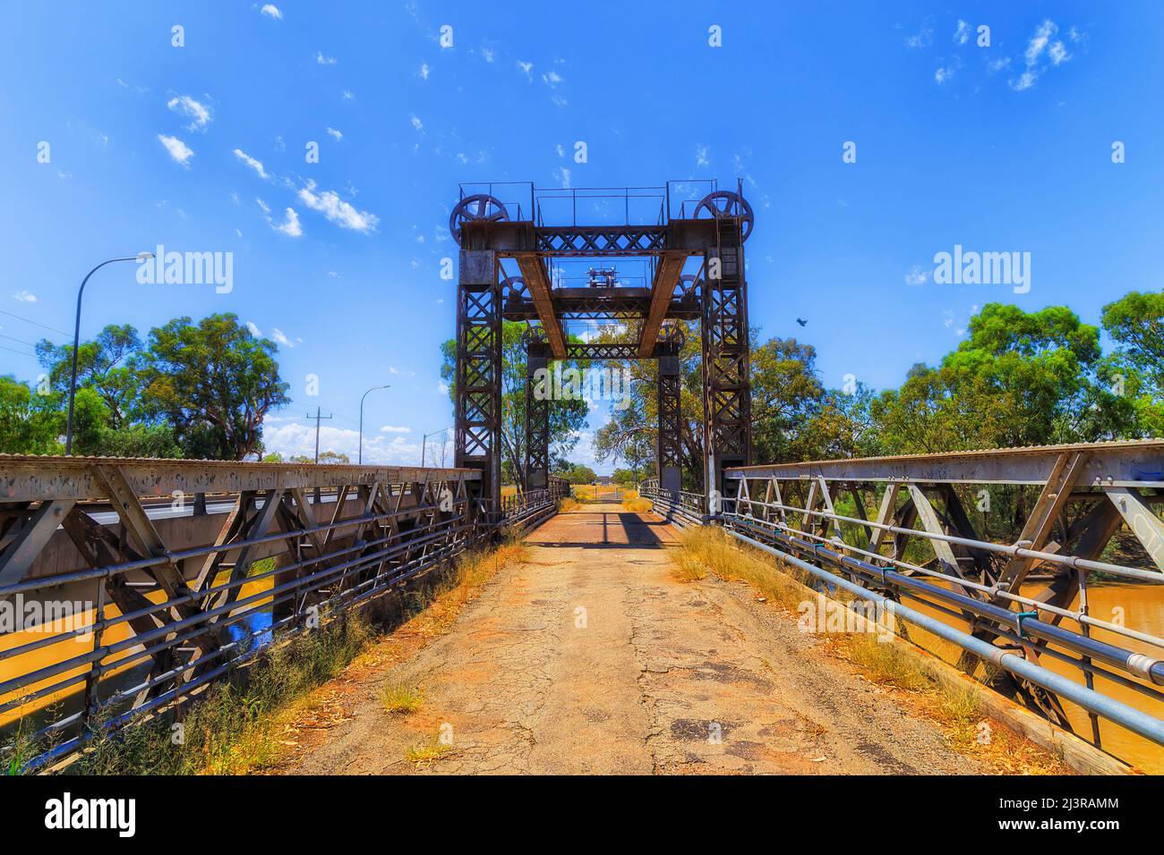 Historic steel spit bridge across Darling river in Wilcannia town of Australian outback. Stock Photo