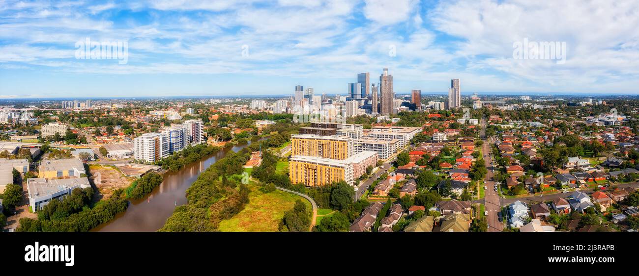 Parramatta river in Parramatta council of Western Sydney in aerial panorama of modern urban skyline. Stock Photo