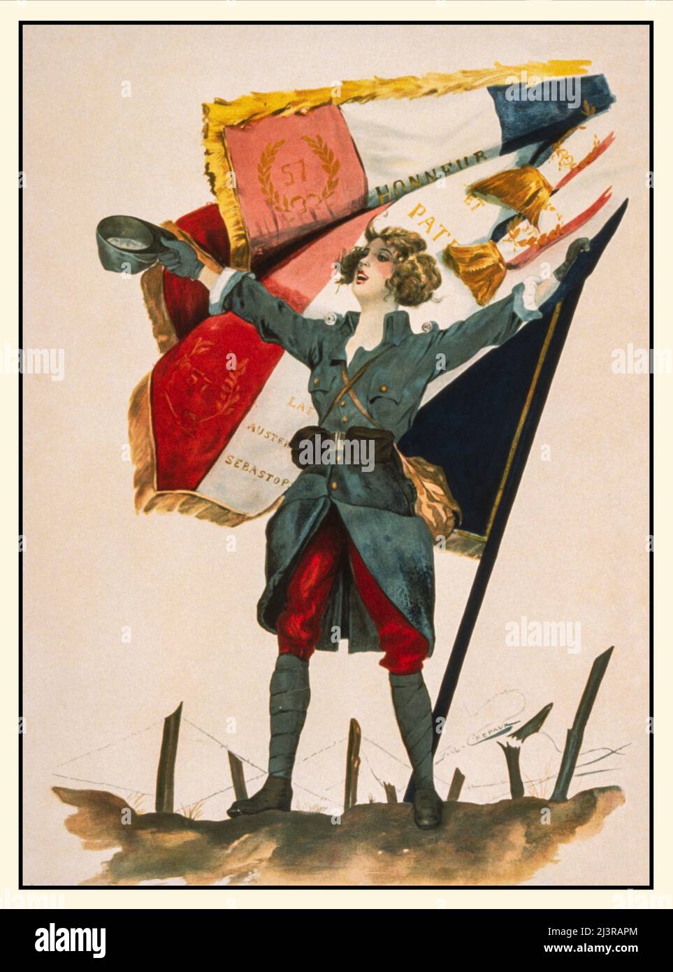 An early 20th century French advertising poster from World War One, 1914-1918, showing a woman (symbol of France) dressed in a French military uniform holding the French flag. The artist is F A Crepaux. Stock Photo