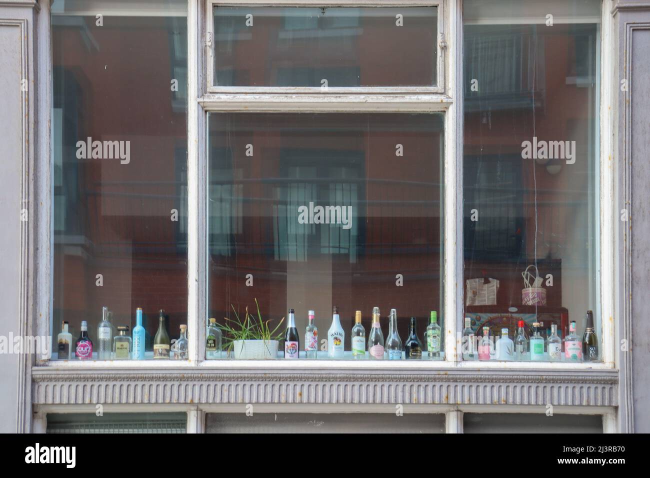 Student Accommodation, alcohol bottles lined up in a window Stock Photo