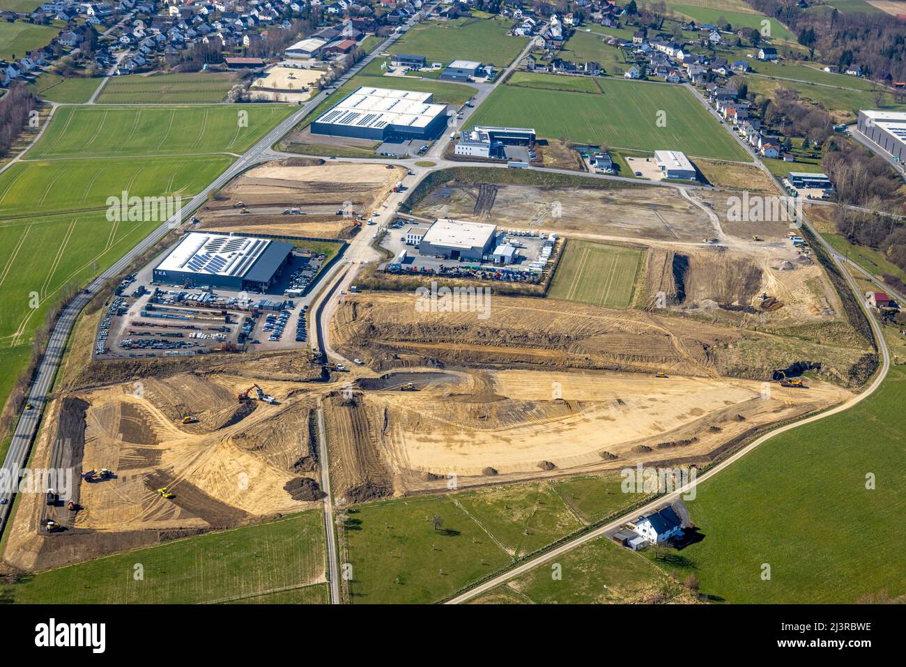 Aerial photograph, industrial estate Gut Nierhof am Specksloh in Voßwinkel, Arnsberg, Sauerland, North Rhine-Westphalia, Germany, construction work, c Stock Photo