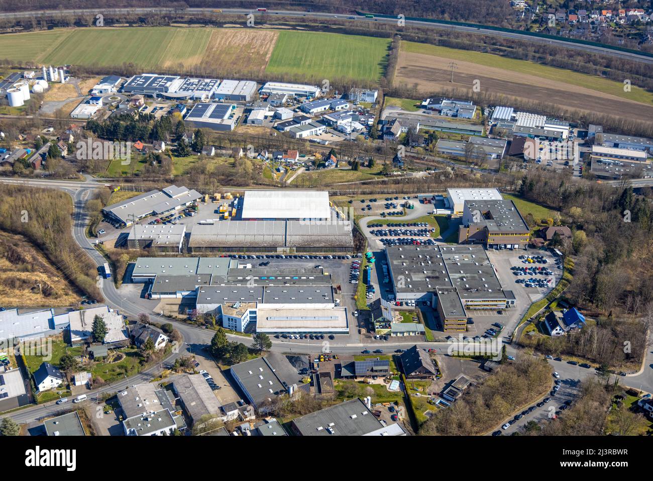 Aerial photograph, Donnerfeld industrial estate, Bergheim, Arnsberg, Sauerland, North Rhine-Westphalia, Germany, DE, Europe, commercial enterprises, i Stock Photo