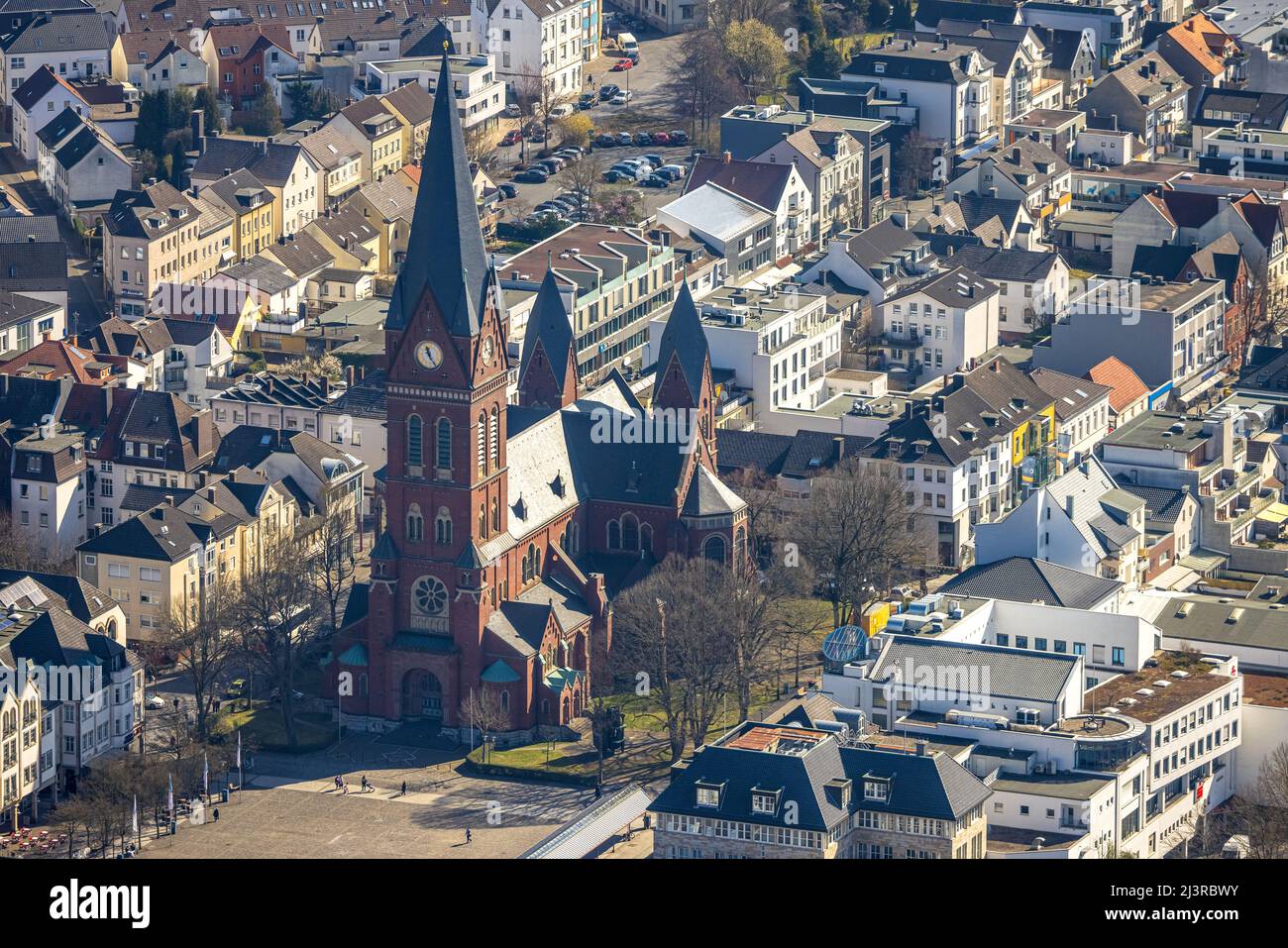 Aerial view, Neheim Cathedral St. Johannes-Baptist in Neheim, Arnsberg, Sauerland, North Rhine-Westphalia, Germany, place of worship, DE, Europe, reli Stock Photo