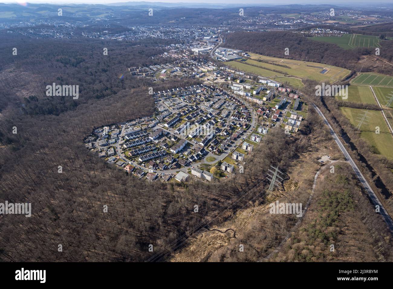 Aerial view, residential area Moosfelder Arch and Moosfelder Ring at the edge of the forest in Neheim, Arnsberg, Sauerland, North Rhine-Westphalia, Ge Stock Photo