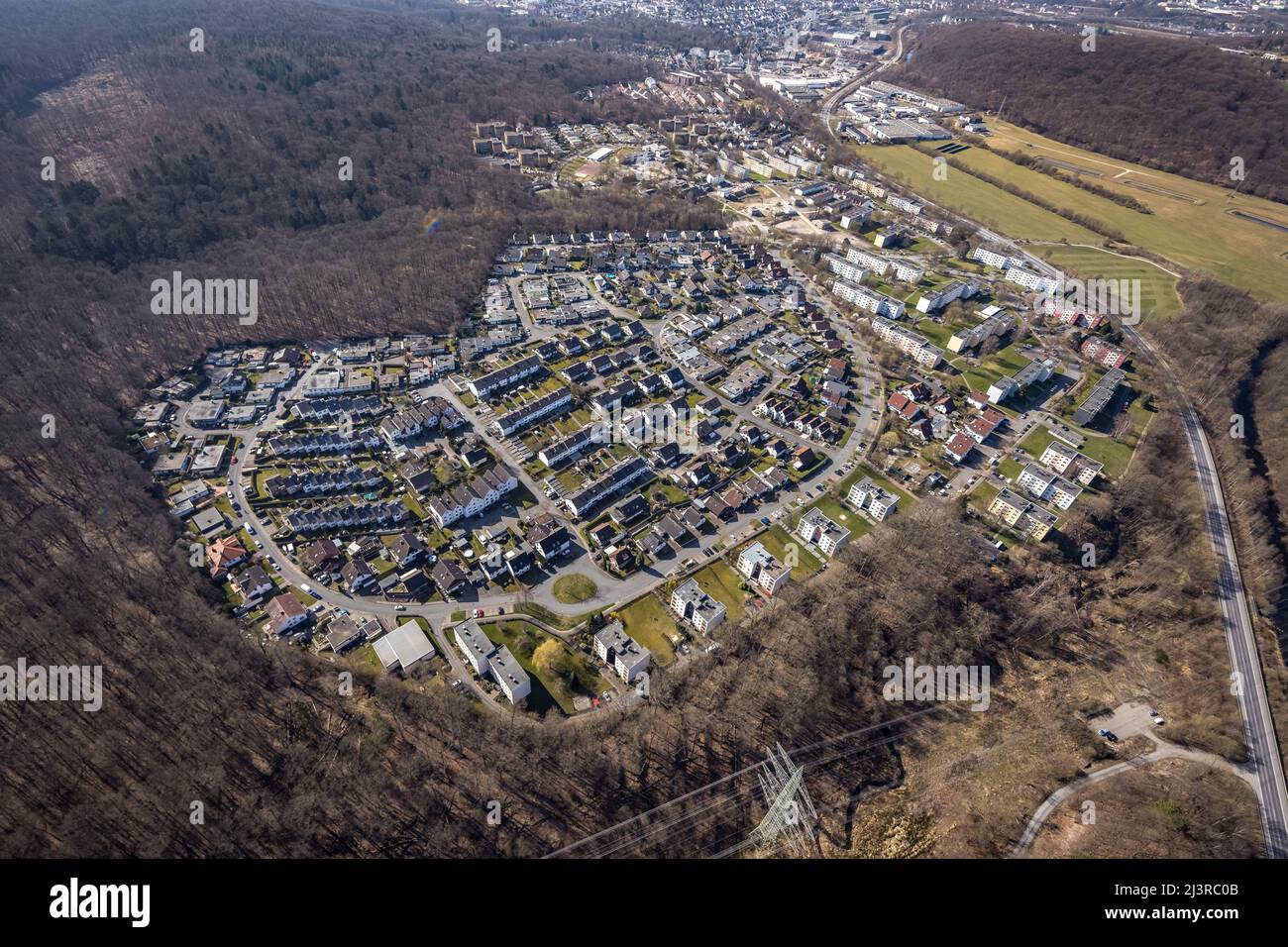 Aerial view, residential area Moosfelder Arch and Moosfelder Ring at the edge of the forest in Neheim, Arnsberg, Sauerland, North Rhine-Westphalia, Ge Stock Photo