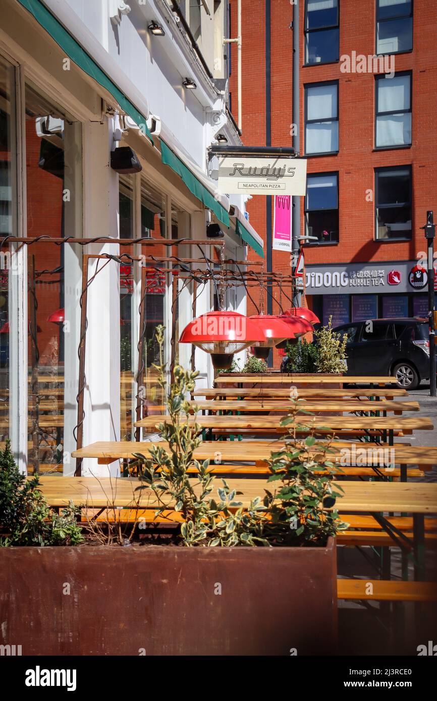 Liverpool Outdoor seating / outdoor dining, overhead lamps Stock Photo