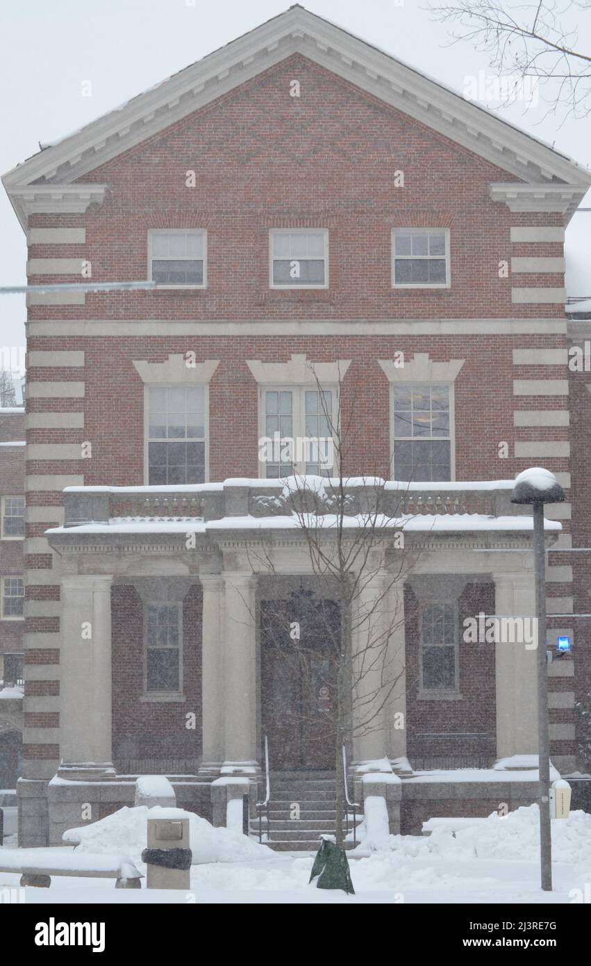 Snowy winter scene from the Harvard University campus in Cambridge ...