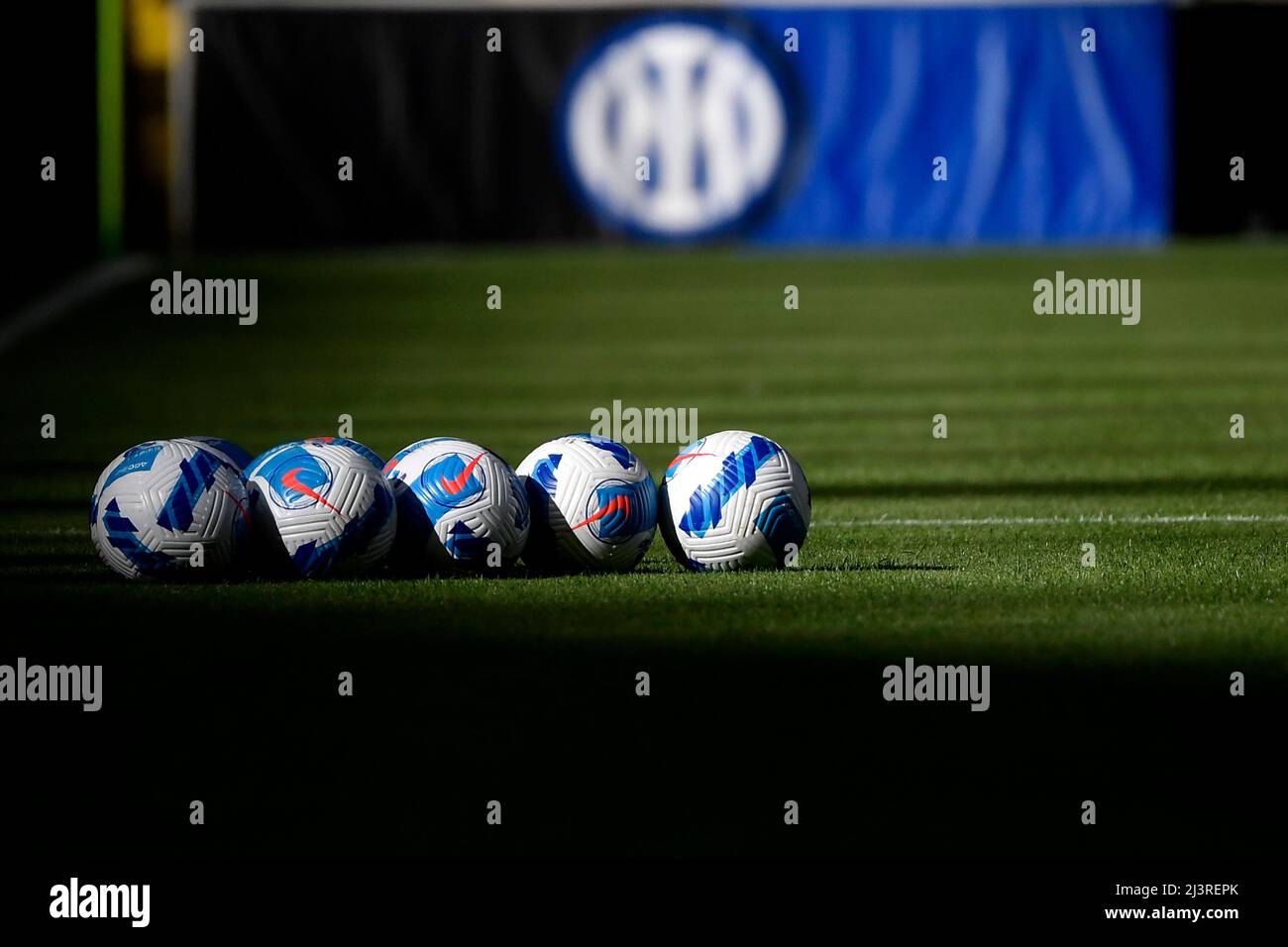 Milano, Italy. 09th Apr, 2022. A series of nike balls with a billboard with  the Internazionale logo in the background during the Serie A football match  between FC Internazionale and Hellas Verona