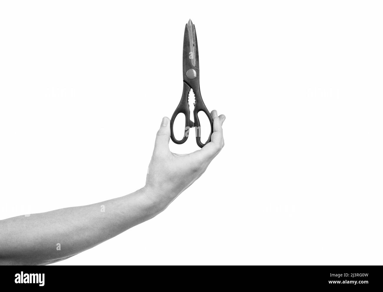 hand with scissor to cut isolated on white, hairdressing Stock Photo