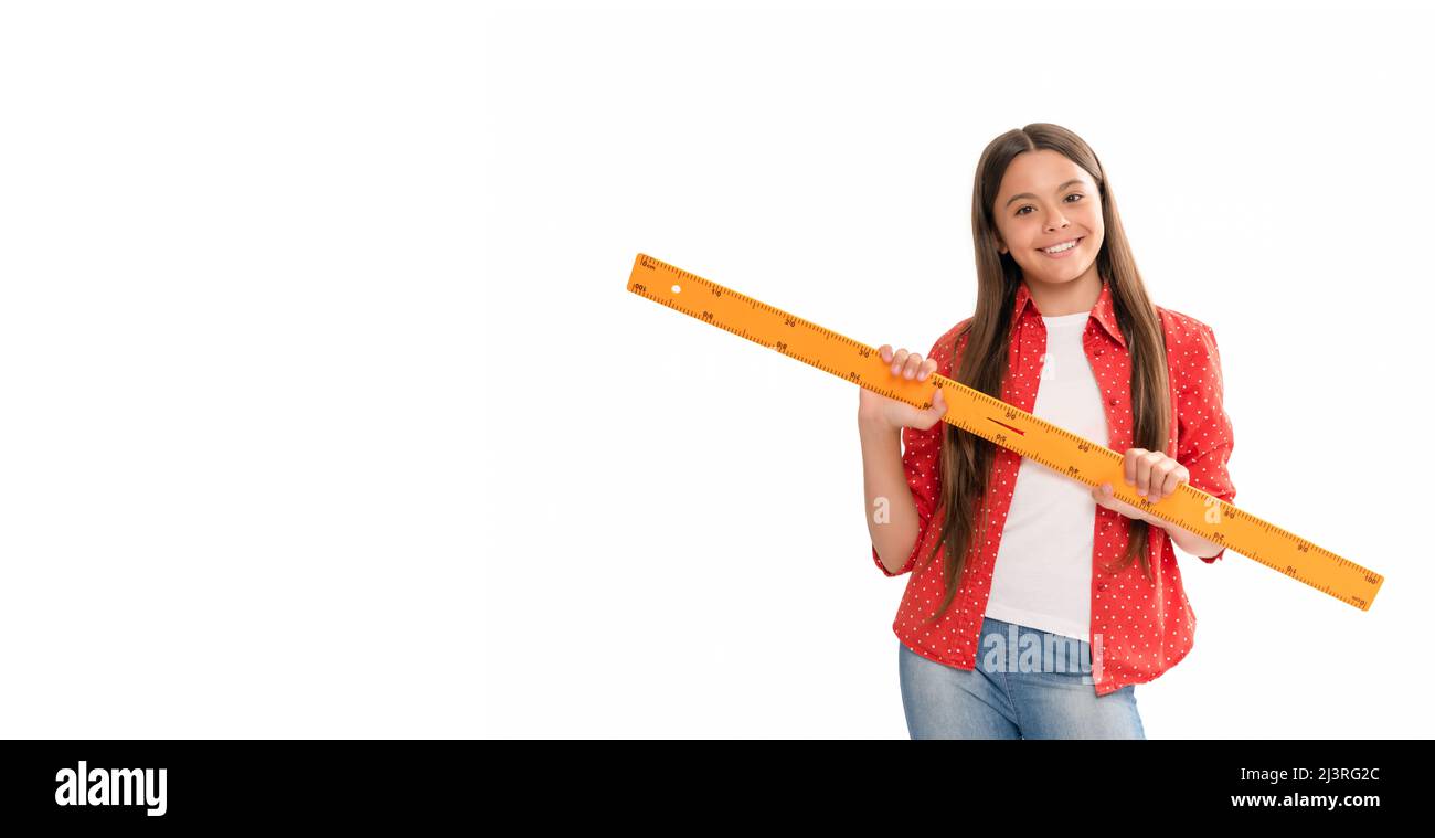 happy kid hold ruler study trigonometry at school isolated on white ...