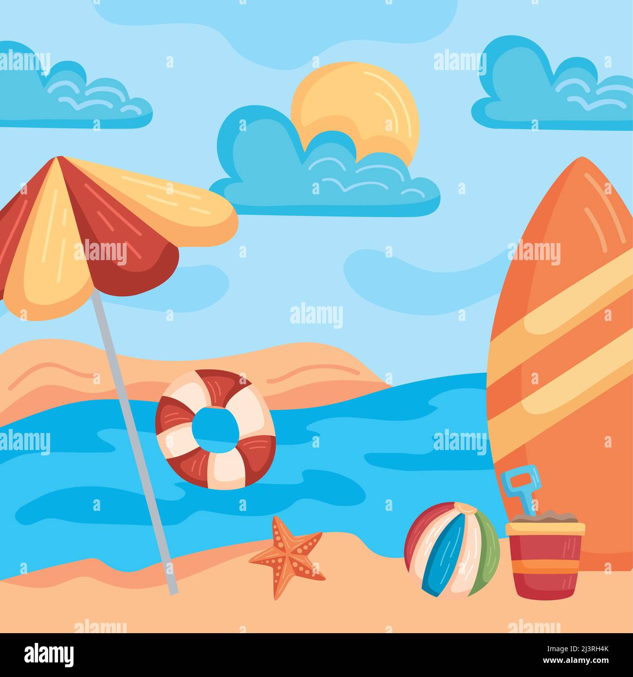 umbrella and surfboard beach scene Stock Vector Image & Art - Alamy