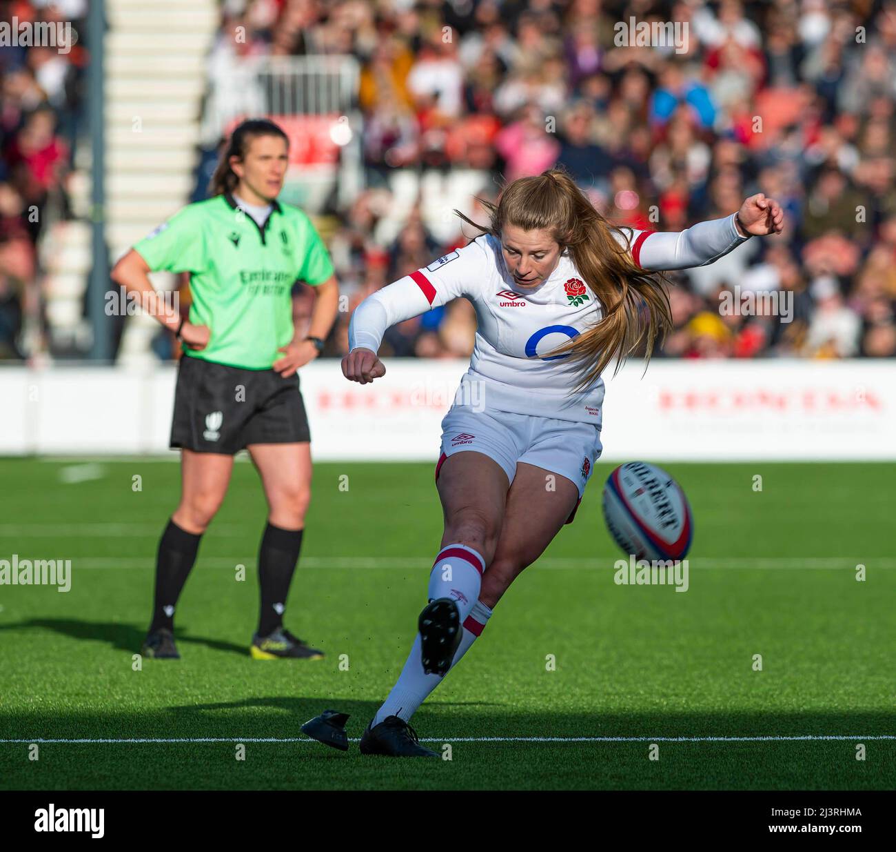 England Vs Wales Six Nations   Gloucester 9 April 2022. Zoe Harrison of England  in action during the TikTok Women's Six Nations Rugby Championship match, England Red Roses Vs Wales  Rugby at the Kingsholm  Stadium Gloucester Stock Photo