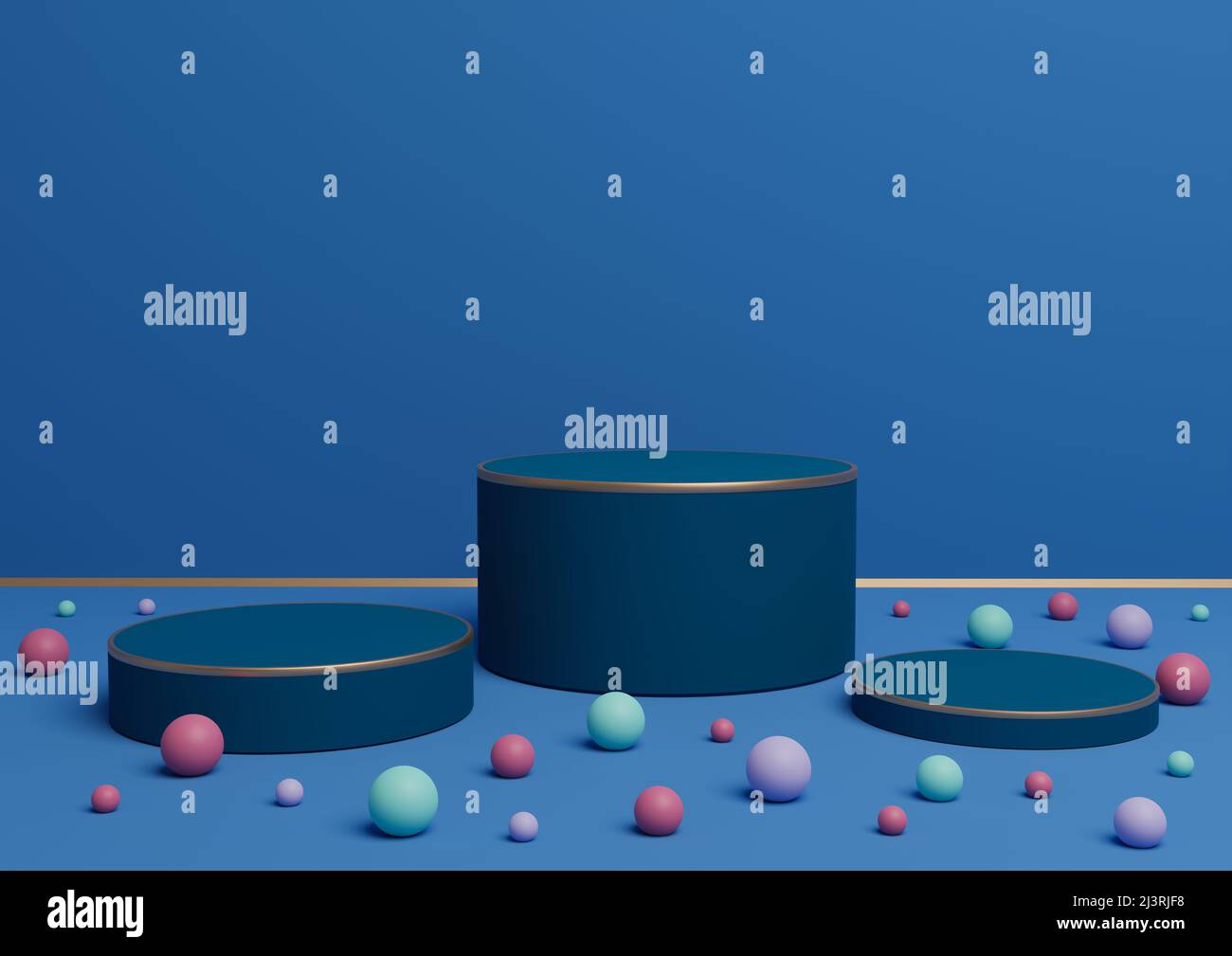 Bright, dark, pastel blue 3D rendering of three podium stands product ...