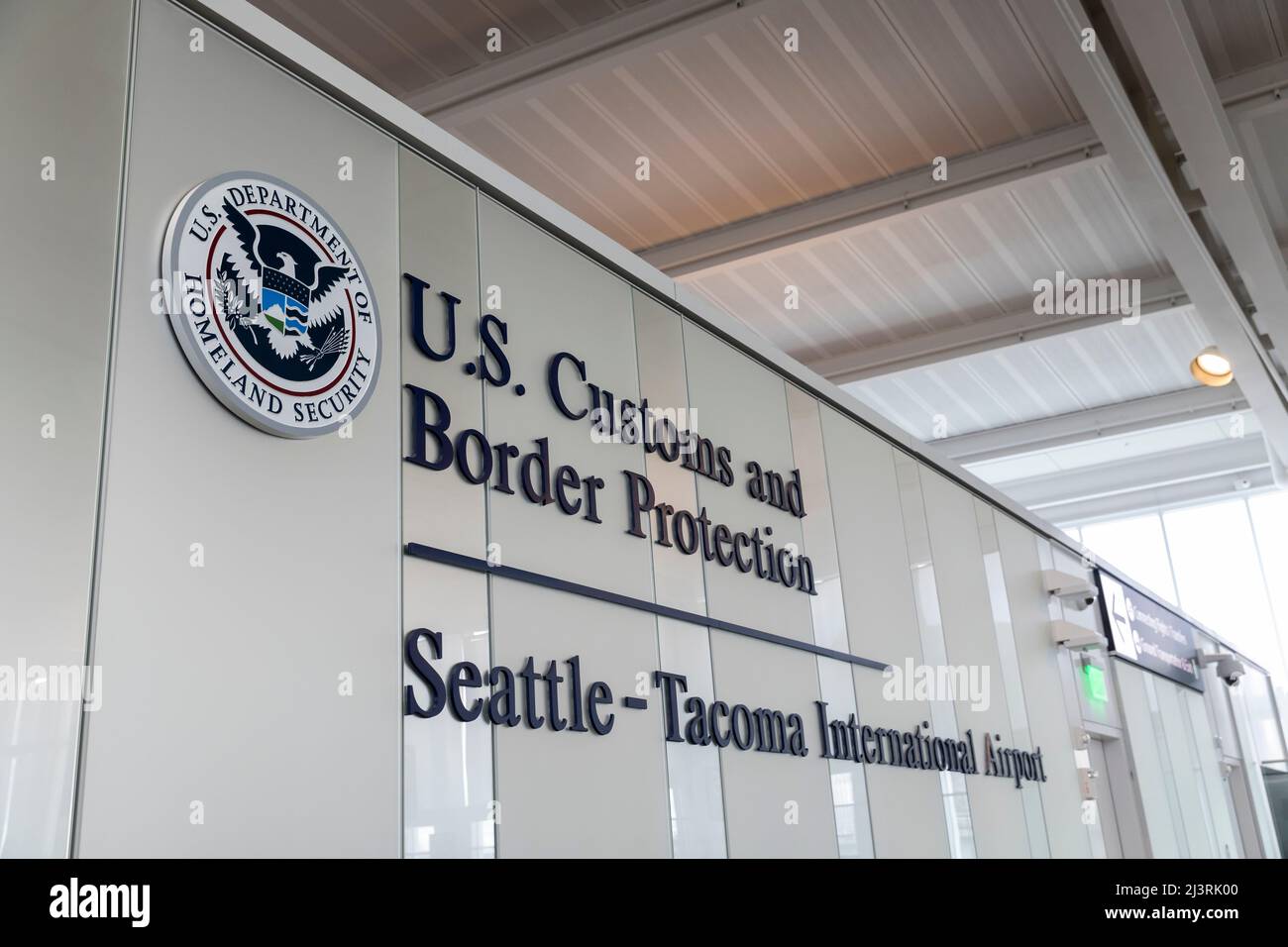 SeaTac, Washington, USA. 9th April, 2022. A sign for U.S. Customs and ...