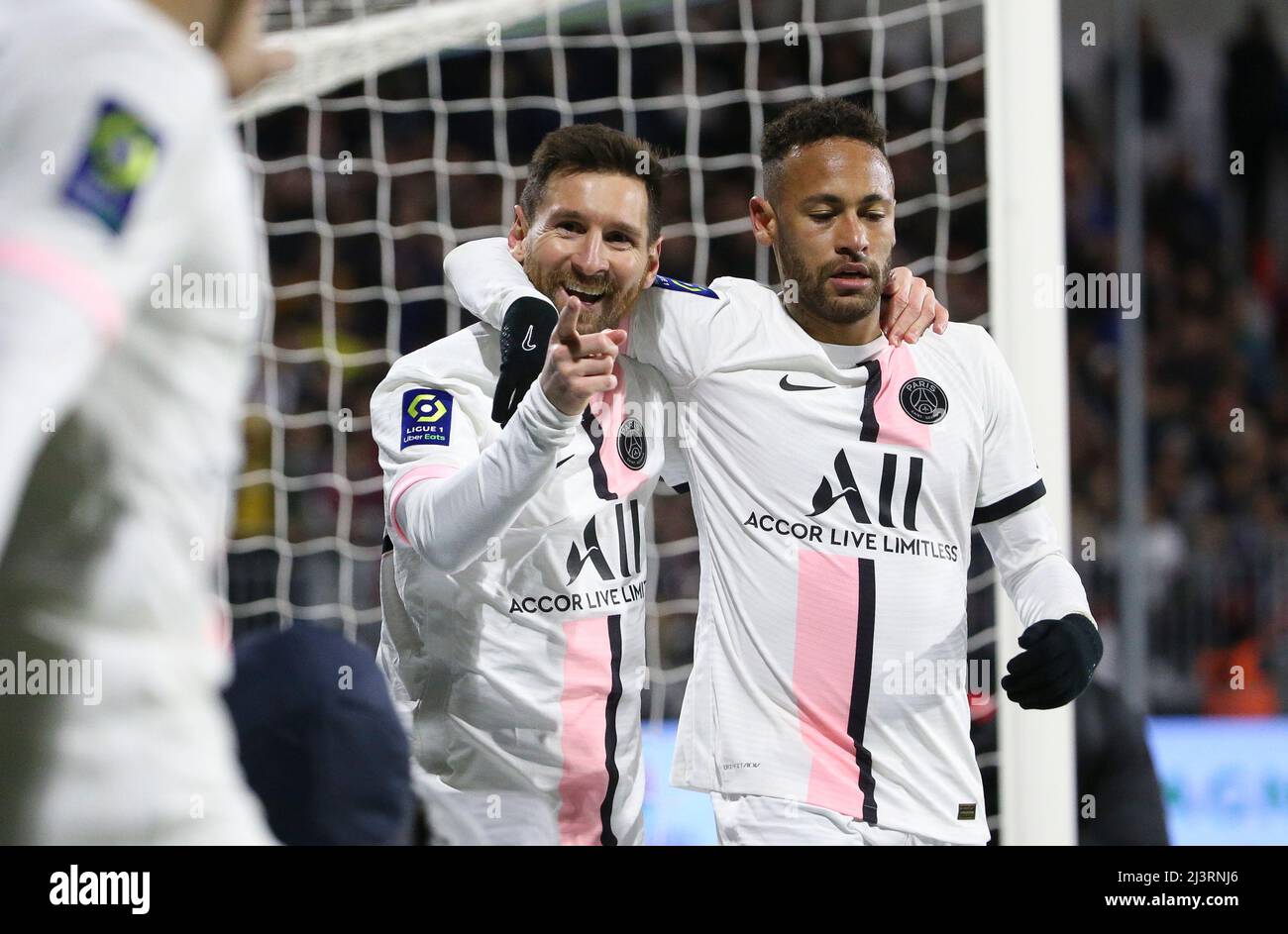 Lionel Messi, Neymar Jr of PSG celebrate a goal during the French  championship Ligue 1 football match between Clermont Foot 63 and Paris  Saint-Germain (PSG) on April 9, 2022 at Stade Gabriel