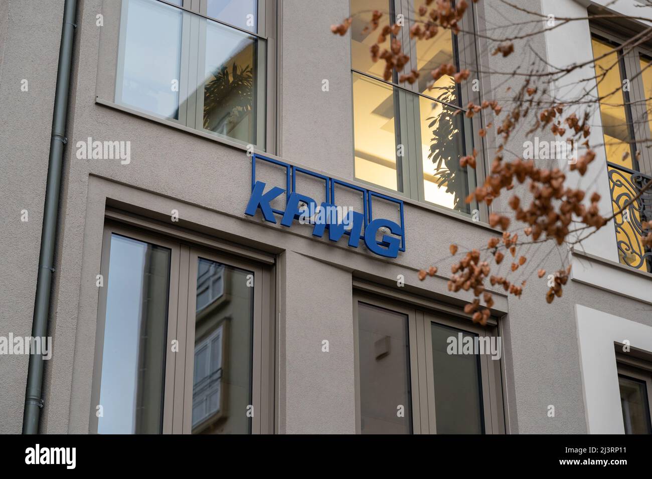 KPMG international accounting organisation office in the city center. Logo of the company on a building facade. One of the 'Big Four' companies. Stock Photo