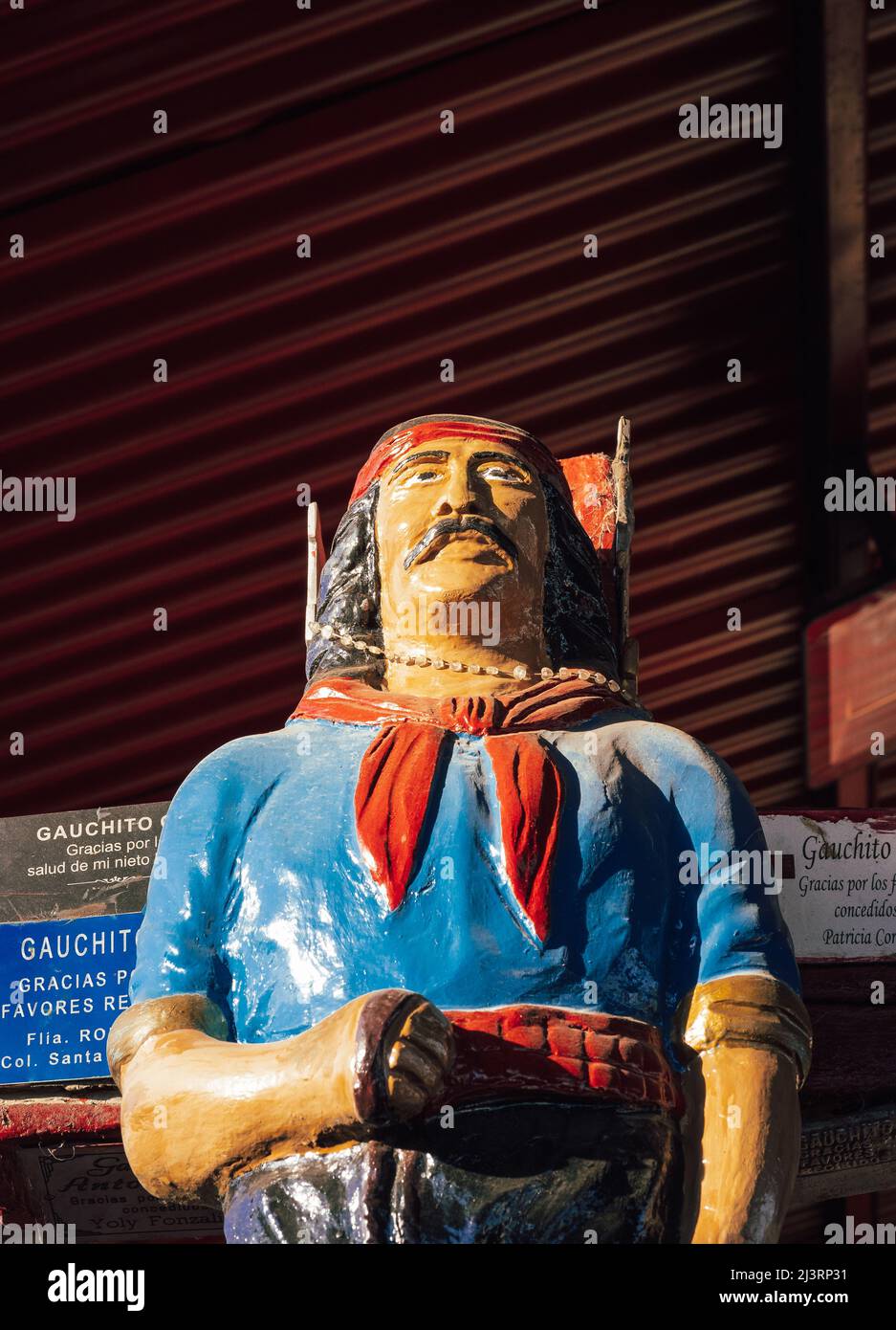MERCEDES, CORRIENTES, ARGENTINA - NOVEMBER 22, 2021: Low angle shot of a statue of Gauchito Gil (literally 'Little Gaucho Gil') in the shrine of the G Stock Photo
