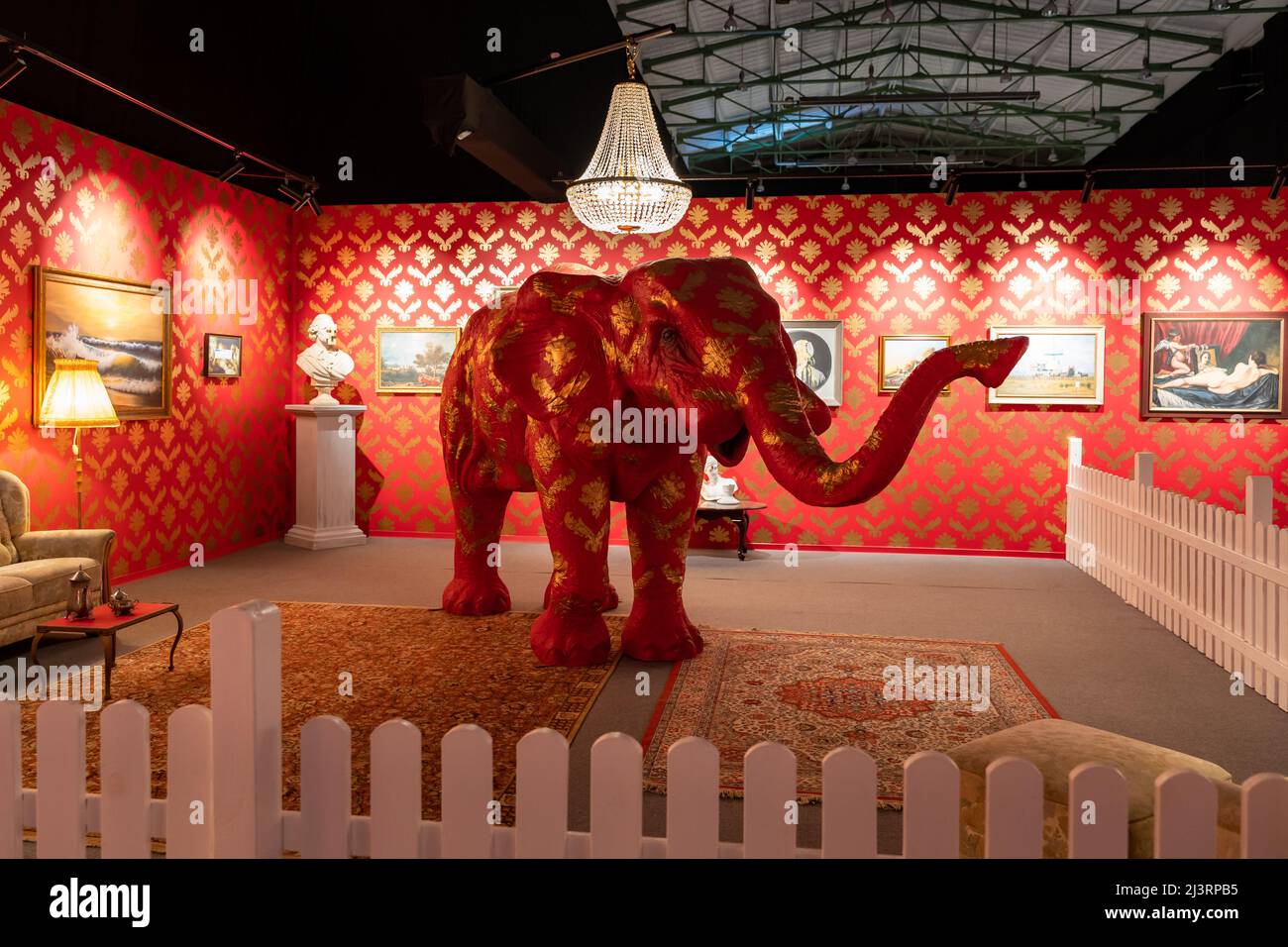 Banksy artwork elephant in the room installation. Rebuilt in the
