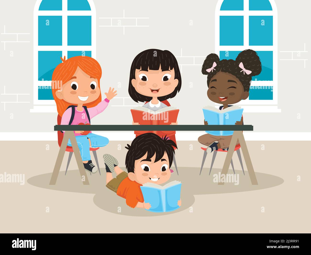 school childrens reading a books in classroom Stock Vector Image & Art ...