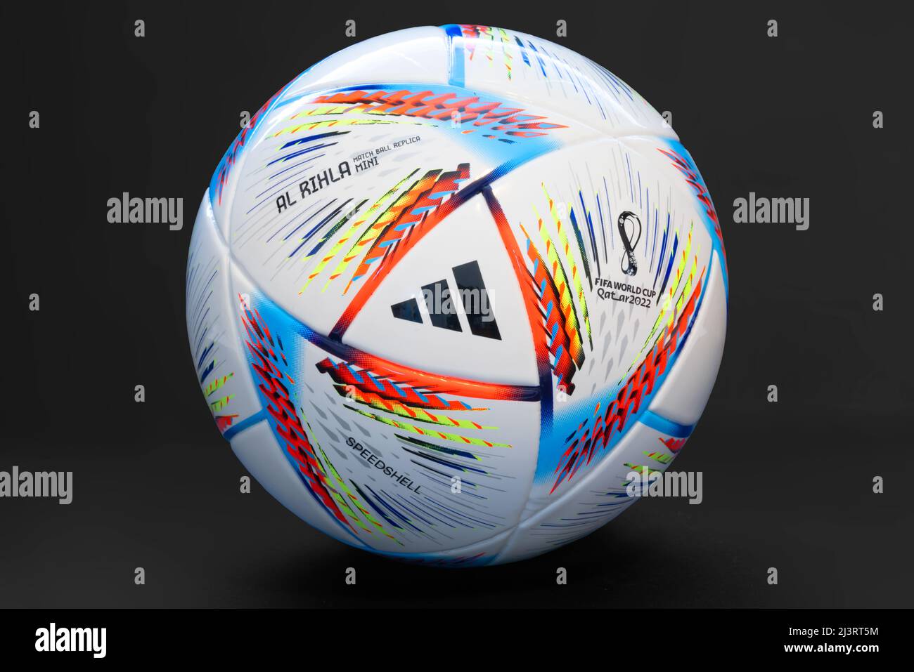 Lusail, Qatar. April 9, 2022. An Adidas Al Rihla mini ball Football compact size and foam core. 2022 FIFA World Cup Qatar Stock Photo