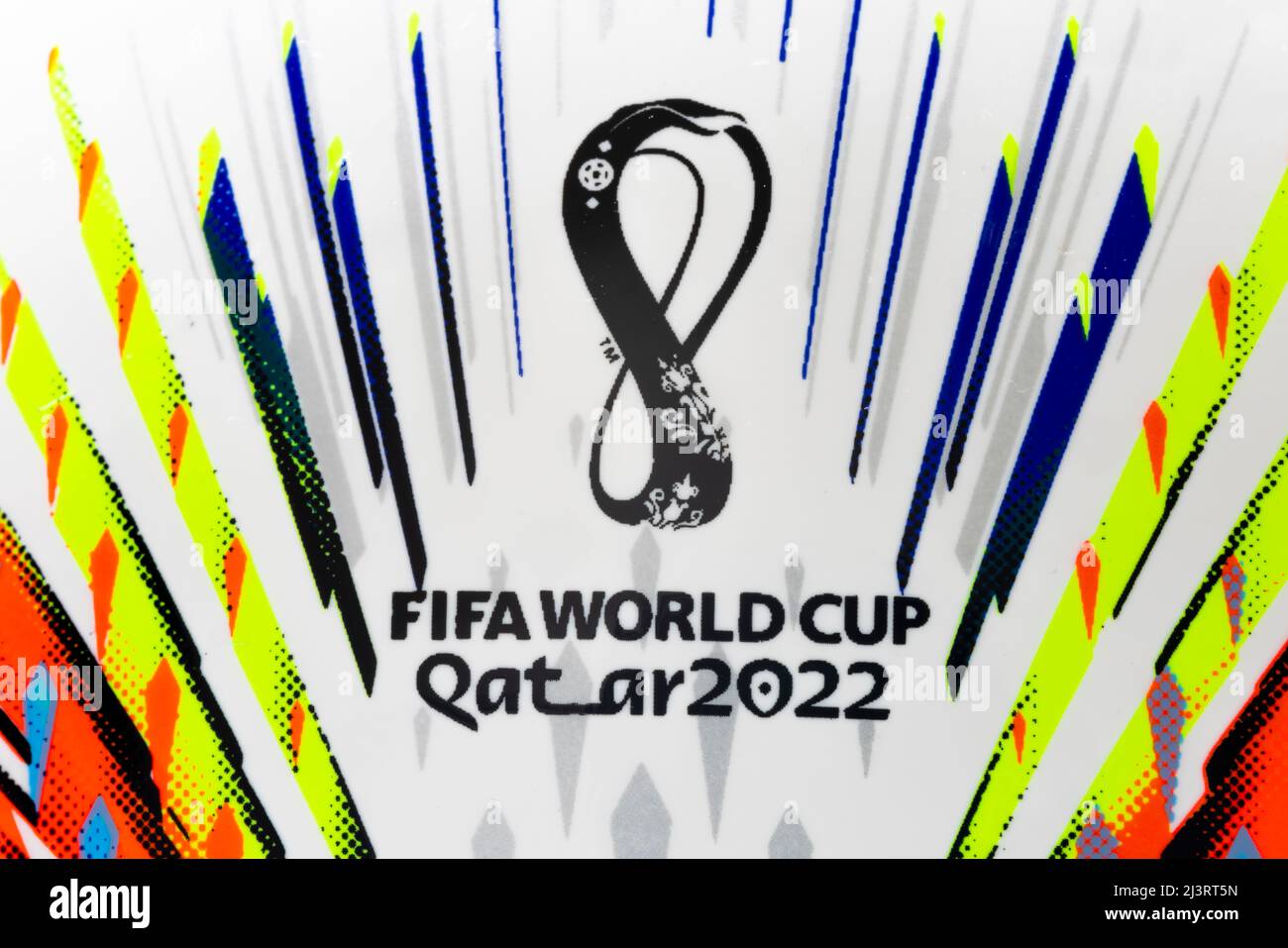 Lusail, Qatar. April 9, 2022. A Macro Close up to a logo of a 2022 FIFA World Cup Qatar Adidas Al Rihla Football Stock Photo