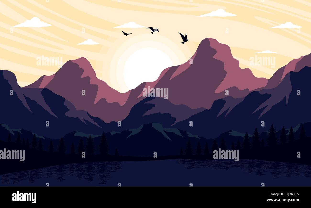 landscape mountains forest and flying birds Stock Vector Image & Art ...