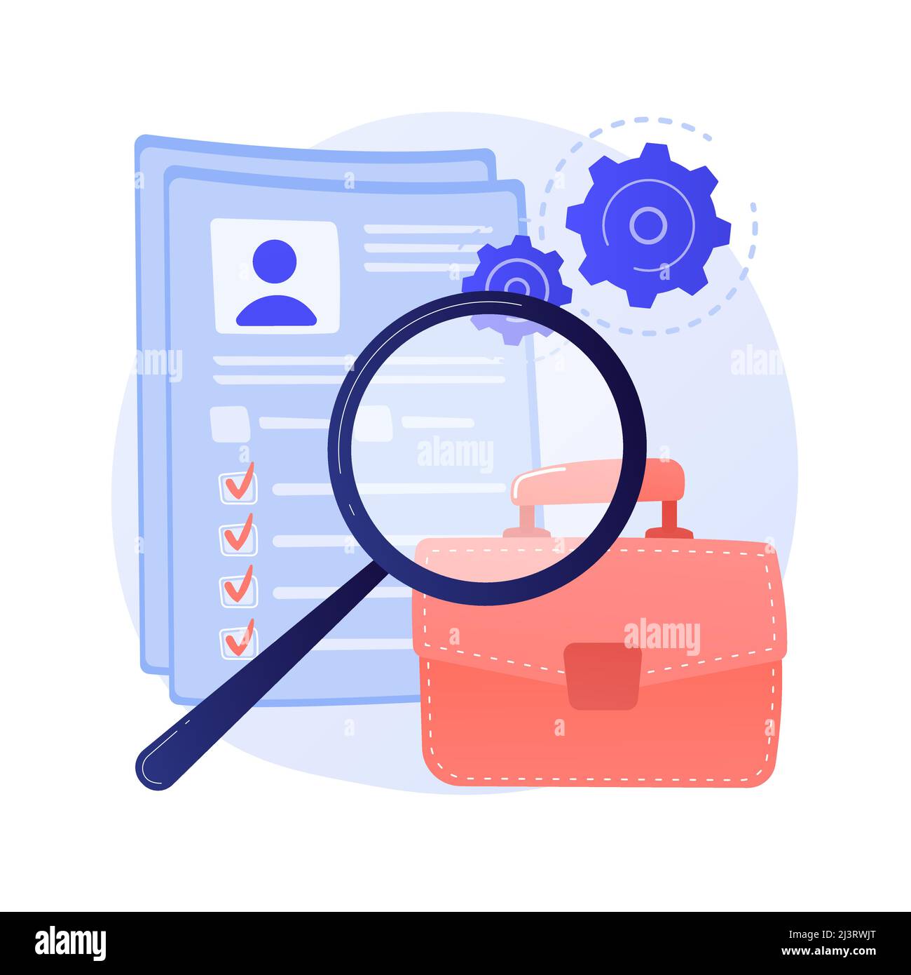 Instruction manual, guide. Document with cogwheel isolated design element. Male character analyzing file. Business analysis, data processing, updating Stock Vector