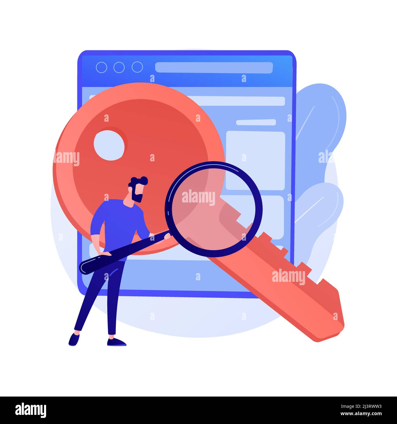 Keywords searching. SEO, content marketing isolated flat design element. Business solution, strategy, planning. Man holding magnifier and key. Vector Stock Vector
