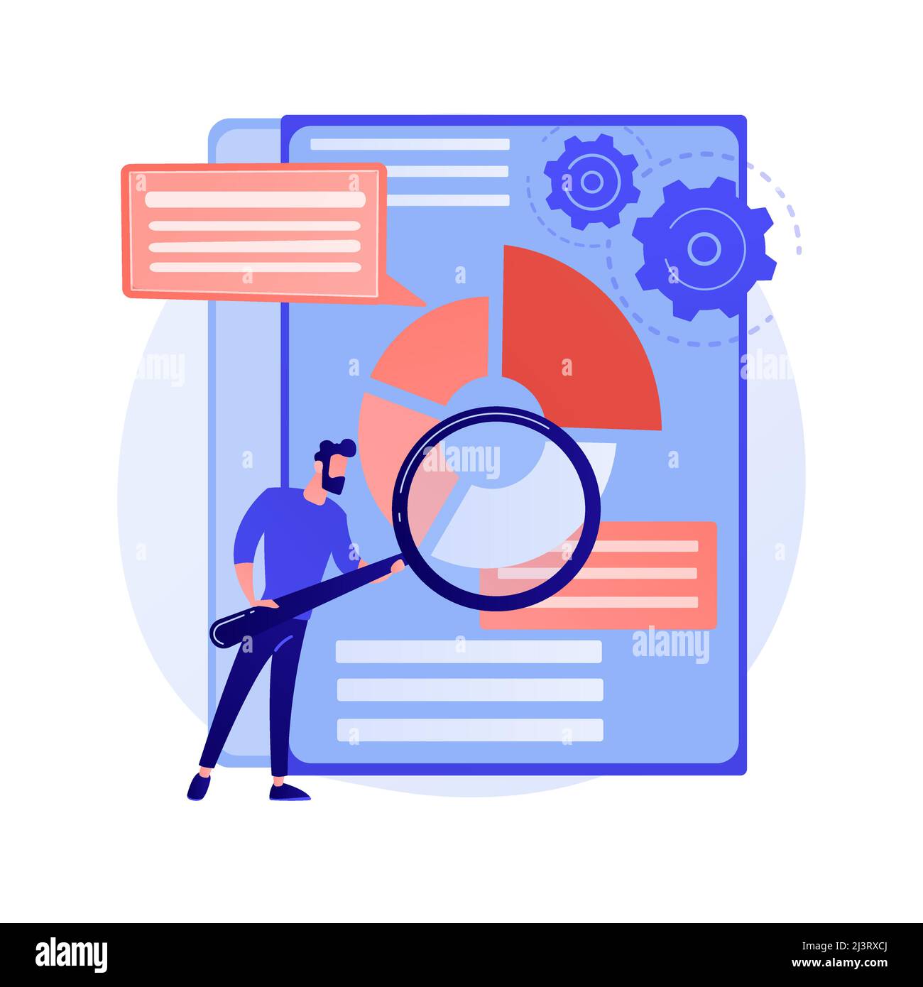 Business documents scanning. Electronic online doc with pie chart infographics. Data analytics, annual report, result checking. Man with magnifying gl Stock Vector