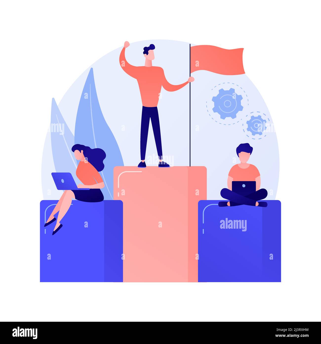 Leadership and success. Best worker on pedestal. Achievement, development, motivation. Employee character standing on bar chart with flag. Vector isol Stock Vector