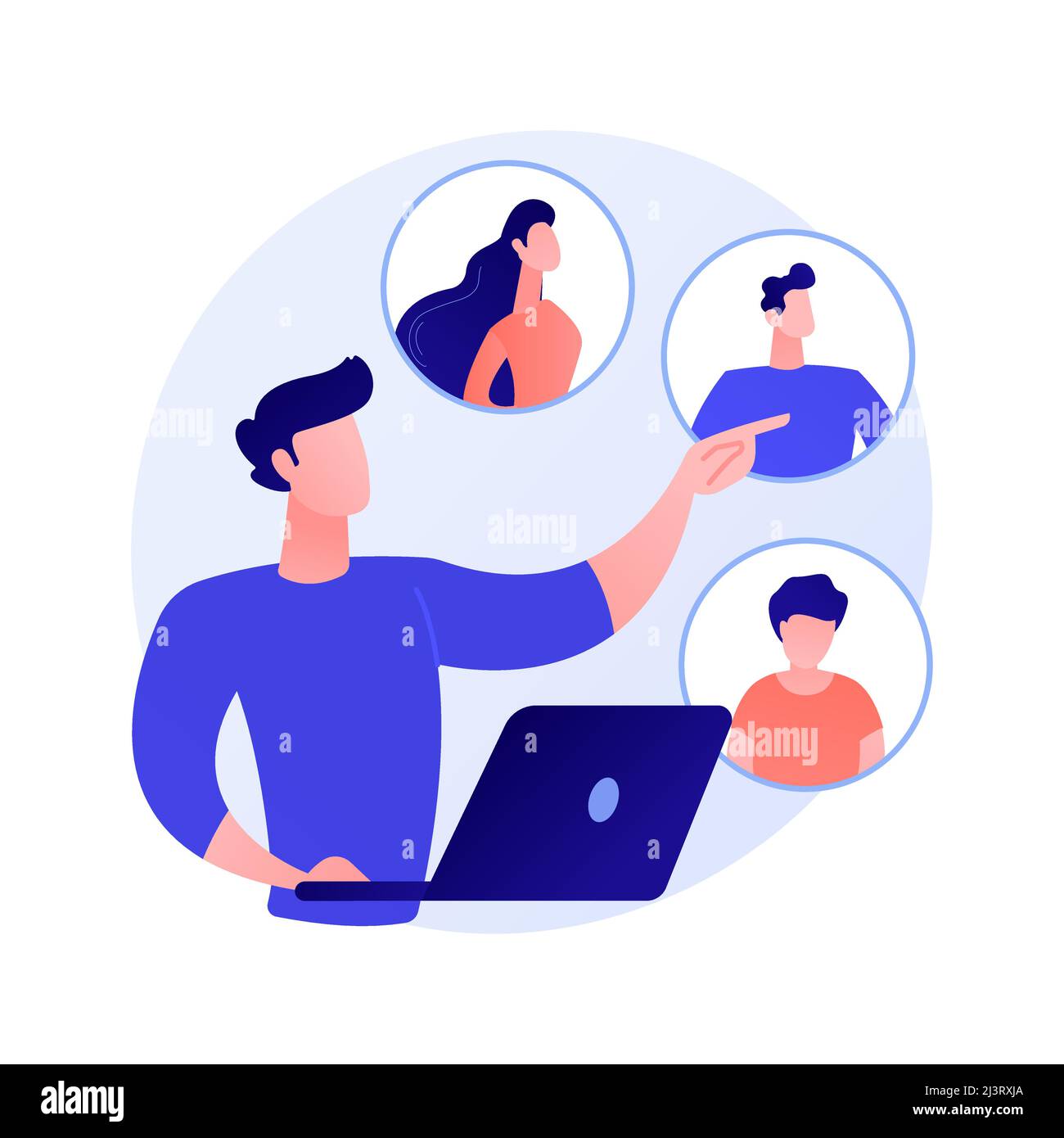 Social network. Online dating service, chatting, internet communication. Girl cartoon character looking at profiles with photo on social media. Vector Stock Vector