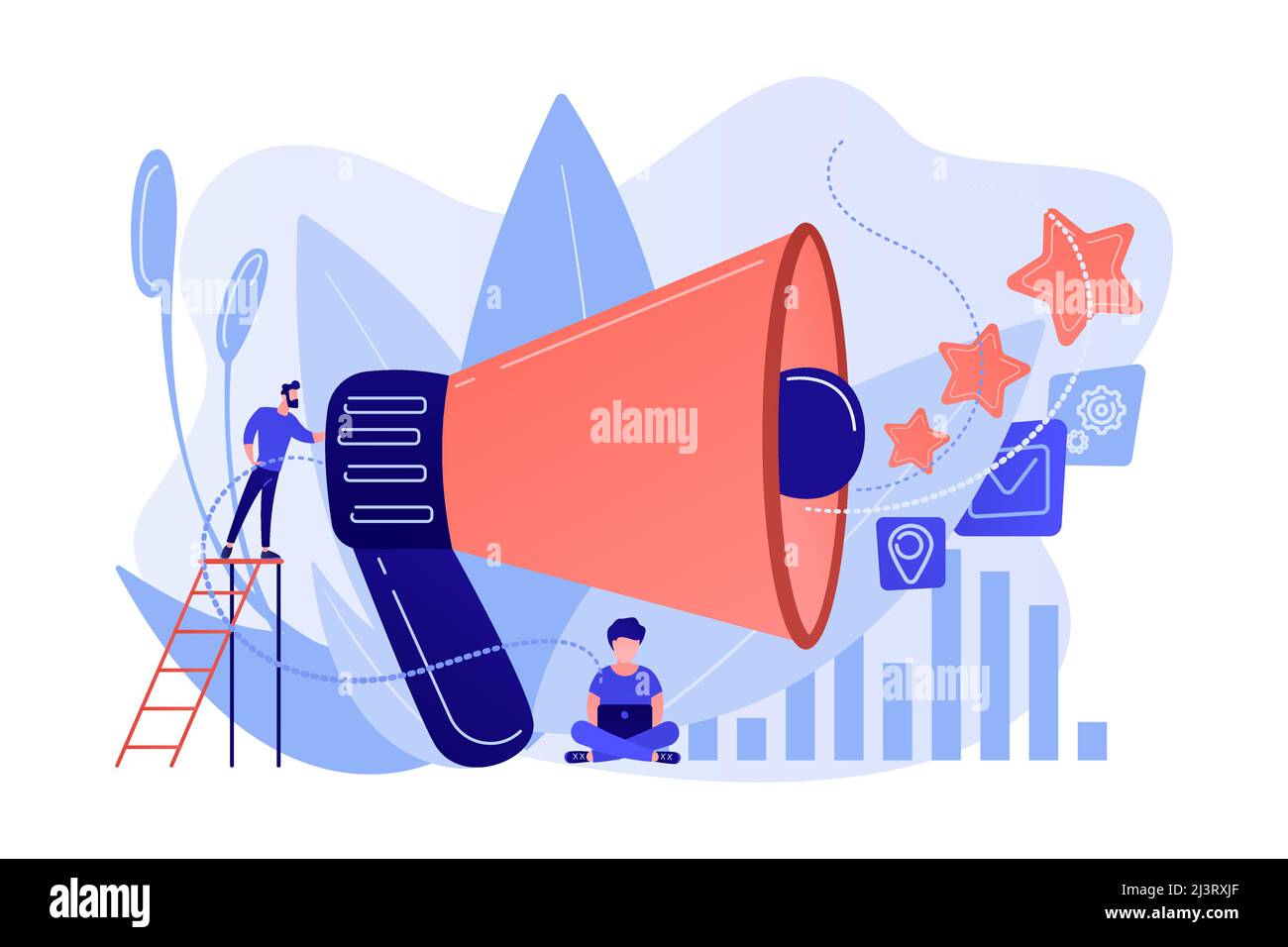 Businessman with megaphone promote media icons. Sales promotion and marketing, pomotion strategy, promotional products concept on white background. Pi Stock Vector