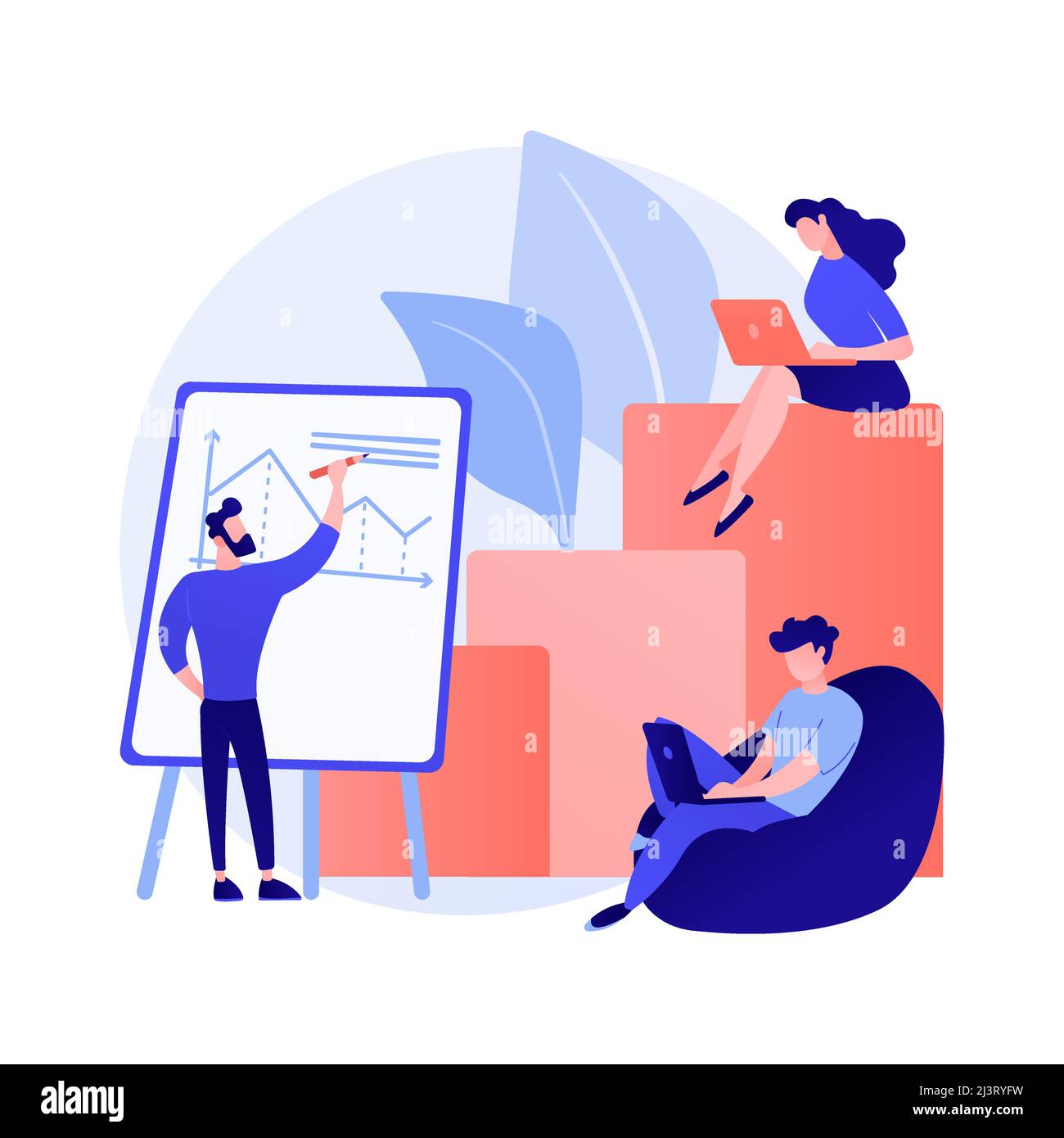 Business financial report. Entrepreneurs cartoon characters writing business plan, analyzing data and statistics. Graphic, information, research. Vect Stock Vector