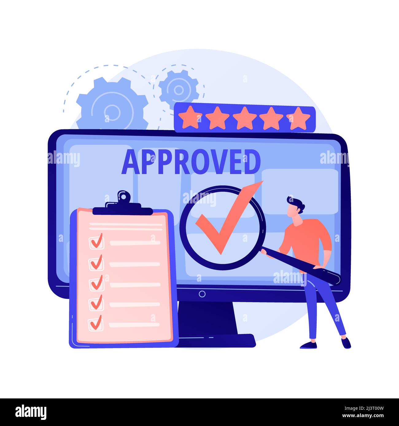 Expert approved. Cartoon character holding checkmark symbol on hand. Finished task, done sign. Satisfactory, official sanction, acceptance. Vector iso Stock Vector
