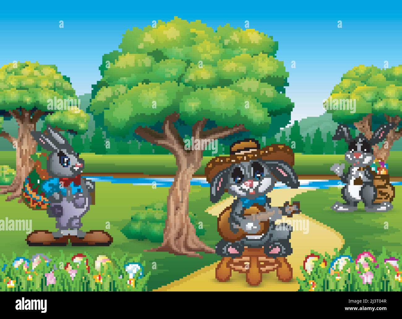 Easter bunnies and easter egg on the nature Stock Vector
